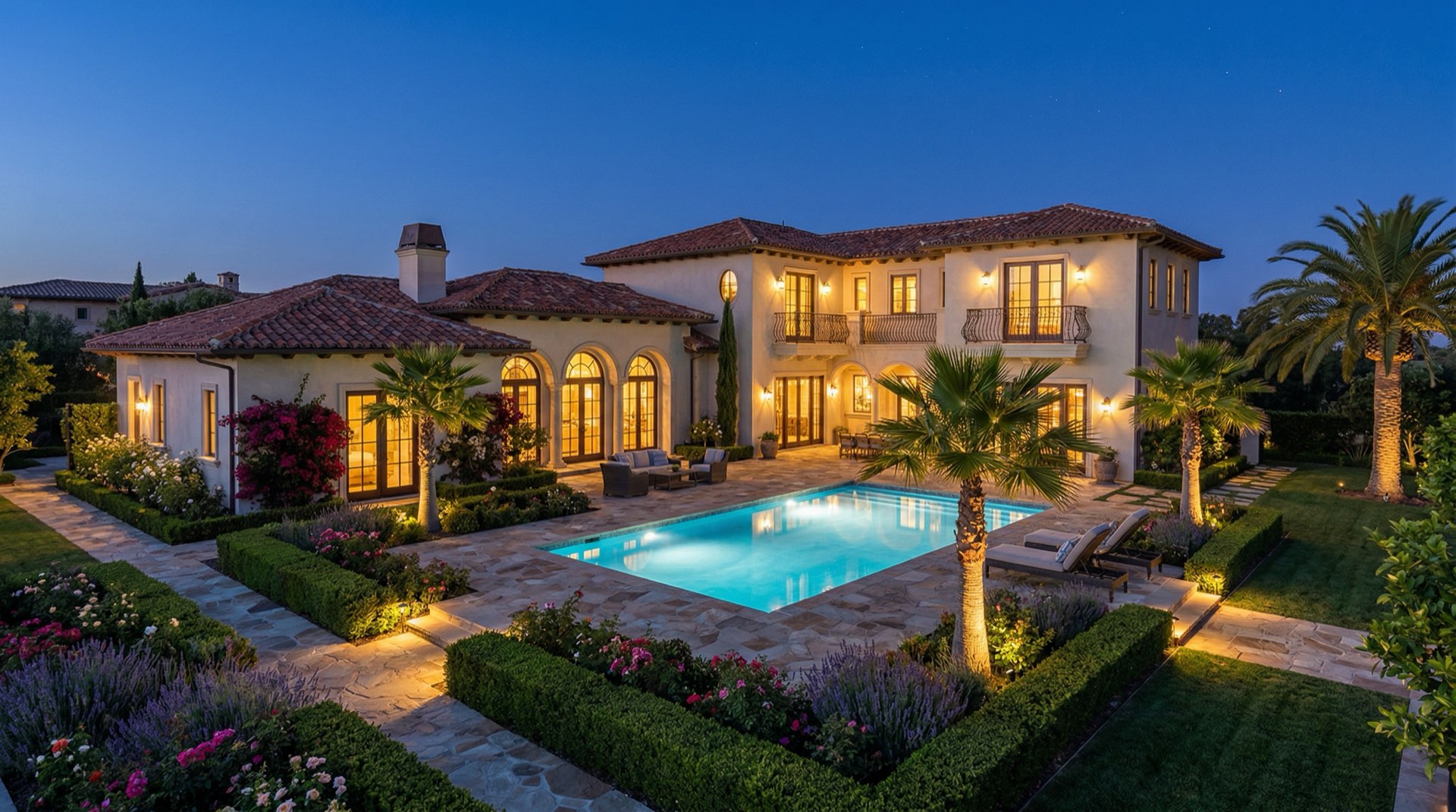 Luxury villa at twilight with illuminated pool