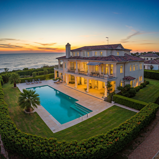 wide-angle drone aerial shot of a luxury coastal estate with turquoise swimming pool and lush manicured gardens at sunset
