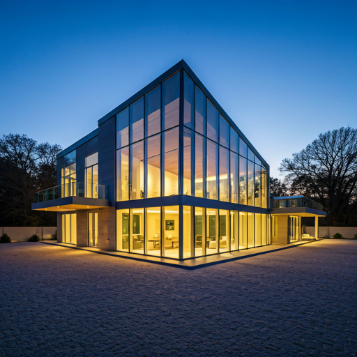 dramatic low angle drone shot of modern glass mansion at twilight with interior lights glowing warmly