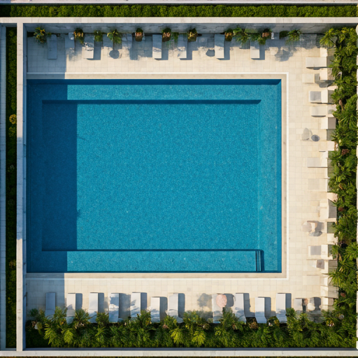 birds-eye top-down aerial view of a luxury pool area with geometric architecture and designer lounge chairs