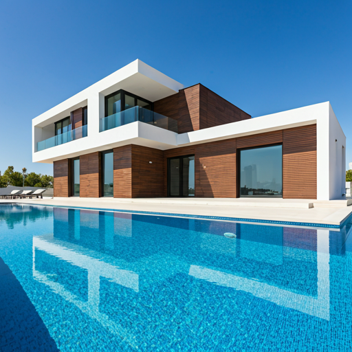 Modern architectural home with glass walls and an infinity pool at sunset with golden orange reflections in the water