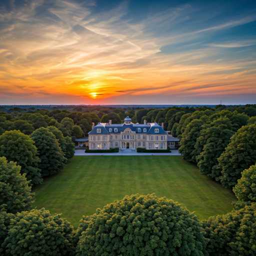 dramatic aerial drone shot of a luxury estate with sprawling lawns at sunset, vibrant colors