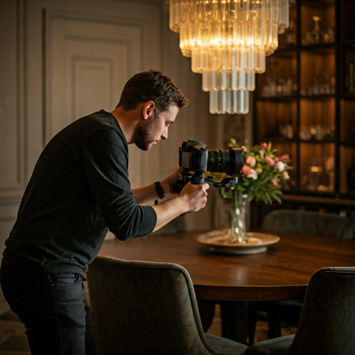 lifestyle shot of a professional photographer using a gimbal to film a luxury dining area, focused and artistic