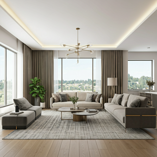 The same spacious modern living room virtually staged with high-end designer furniture, a plush rug, and elegant lighting