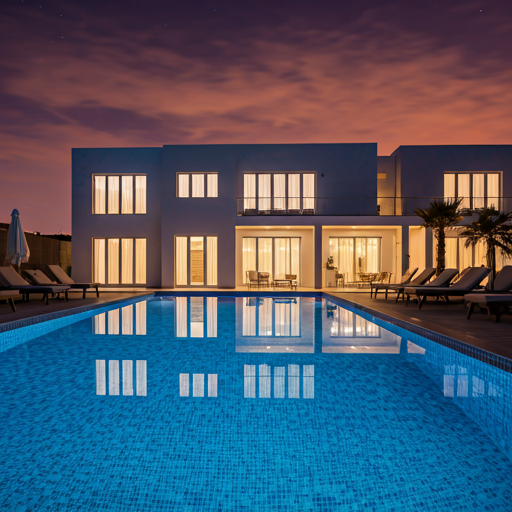 Backyard pool reflecting warm twilight sky with ambient house lighting