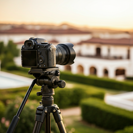 Camera on tripod positioned for a twilight real estate photo session
