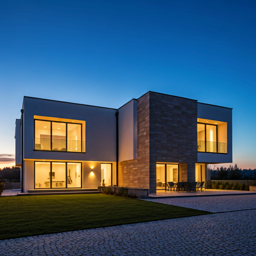 Luxury home exterior illuminated at twilight with warm interior glow