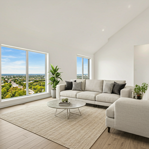 Wide editorial photograph of a designer living room with art pieces