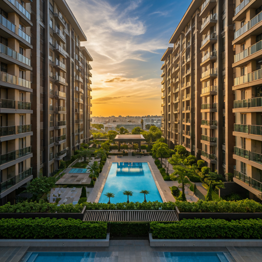 Modern apartment complex exterior representing property management media