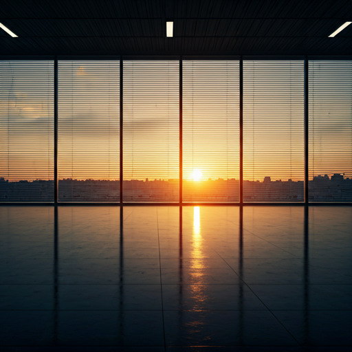Glass-walled commercial office building exterior at golden hour