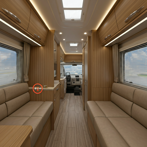 Interactive 3D walkthrough interface of an RV floor plan layout