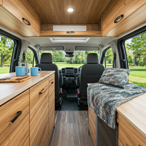 Virtually staged RV interior with digital furnishings and warm accents