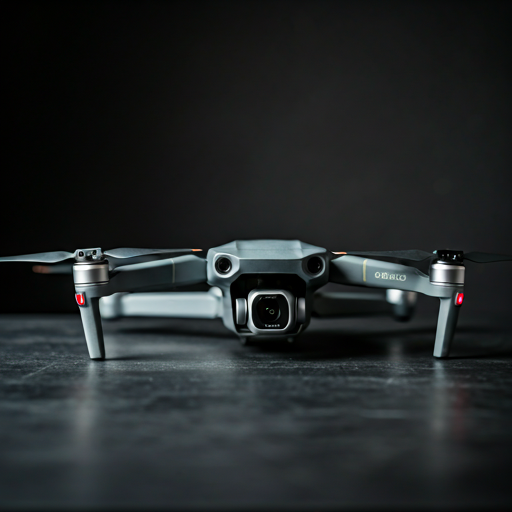 Professional camera and drone equipment arranged on dark surface