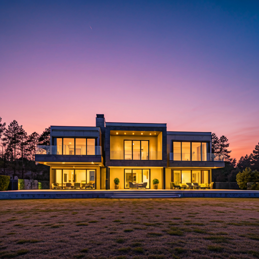 Luxury home exterior glowing warmly against a deep blue twilight sky