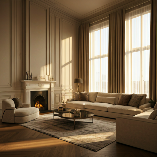Professionally staged living room with neutral palette and designer furniture