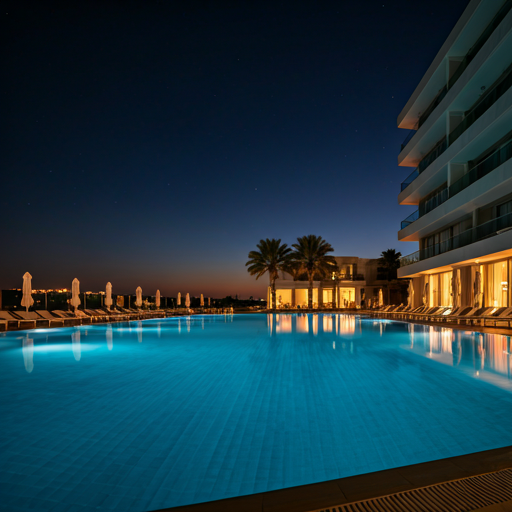 Wide exterior twilight capture showing pool reflections and warm interiors
